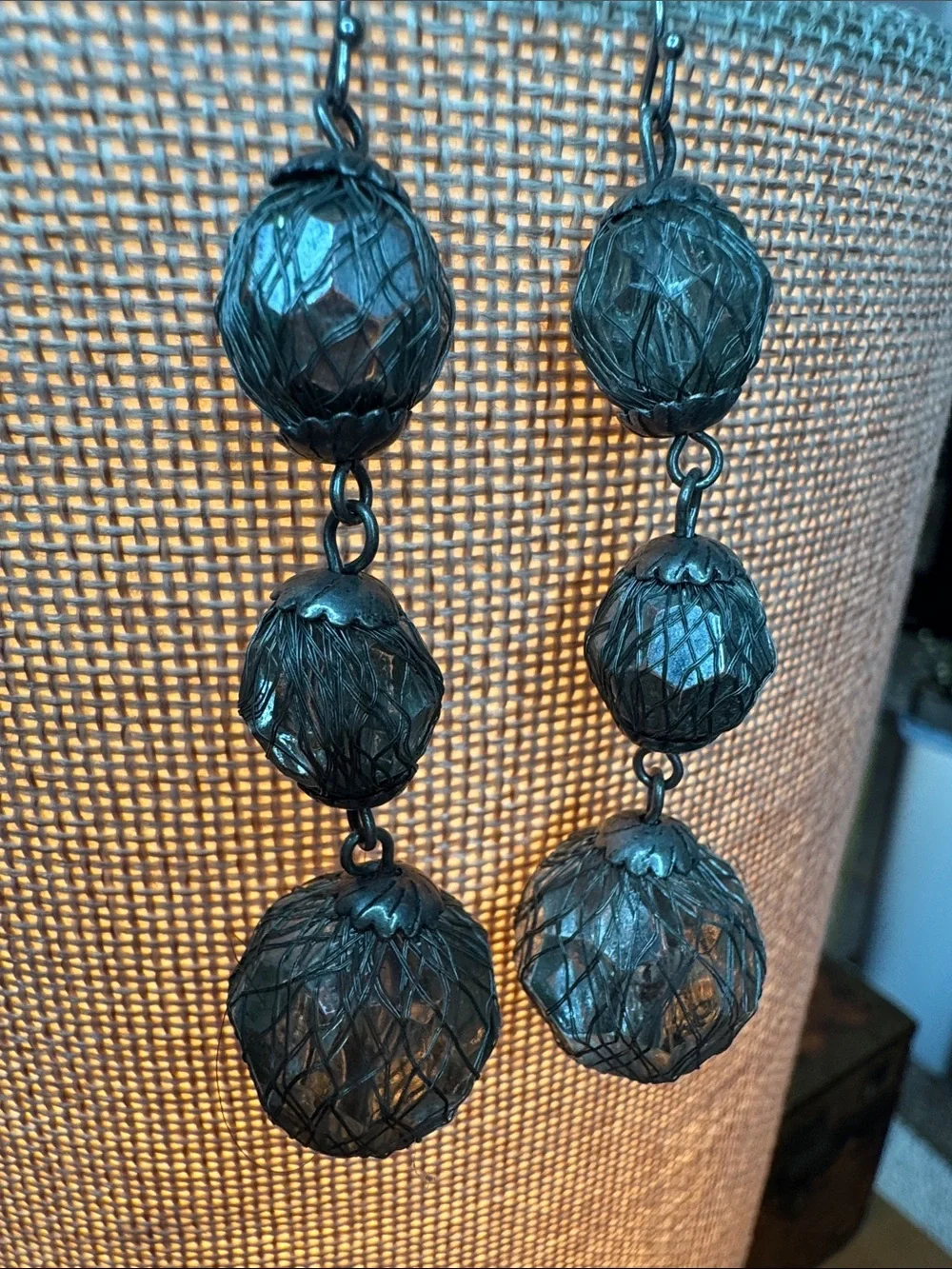 Vintage Black Triple-Bead Dangle Earrings - Women Jewelry